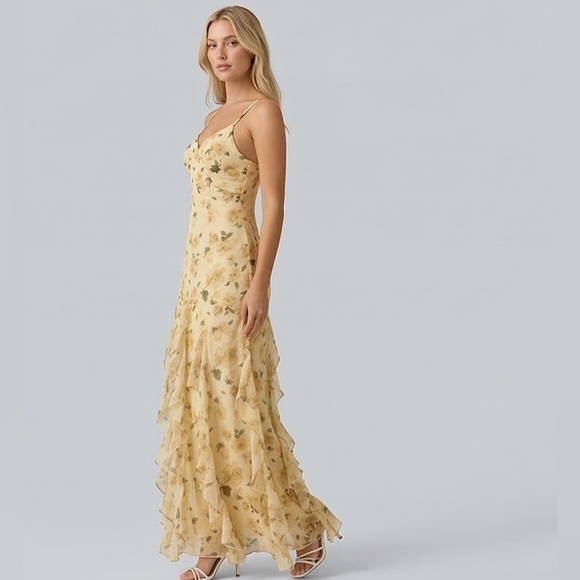 Meadow Dream V-Neck Floral Maxi with Layered Ruffles Yellow - Picture 4 of 9